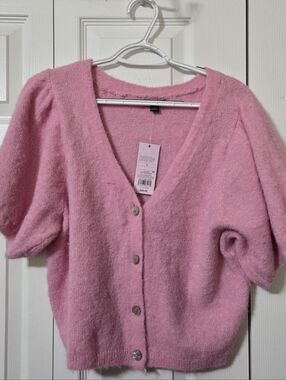 Pink Button Up Crop Length Cardigan Sweater, Short Sleeves, Large, NEW with Tags